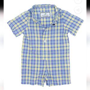 Properly Tied Woven Boy's Shortall Yellow/Blue Plaid 3/6 month